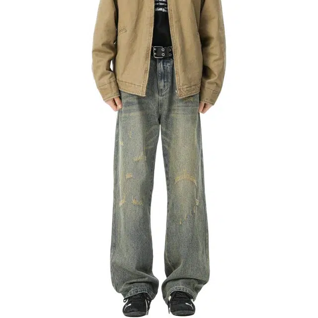 宝米卡 美式复古水洗男秋季潮牌做旧直筒裤子高街宽松阔腿长裤牛仔裤 男女同款