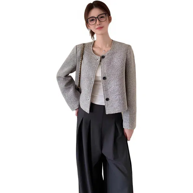 纤丝鸟 小香风韩系复古百搭显瘦短款圆领上衣截短外套 女款