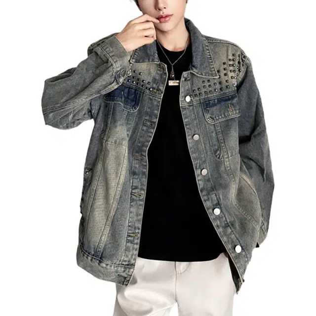 冈哉  重工铆钉美式复古街头水洗中性风单排扣高街潮牌风格翻领夹克工艺廓形慵懒范日常通勤柔软舒适亲肤牛仔外套 男女同款