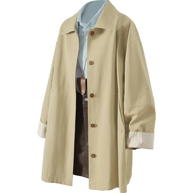 她池 通勤简约风纯色翻领单排扣宽松款落肩长袖风衣 女款 卡其绿