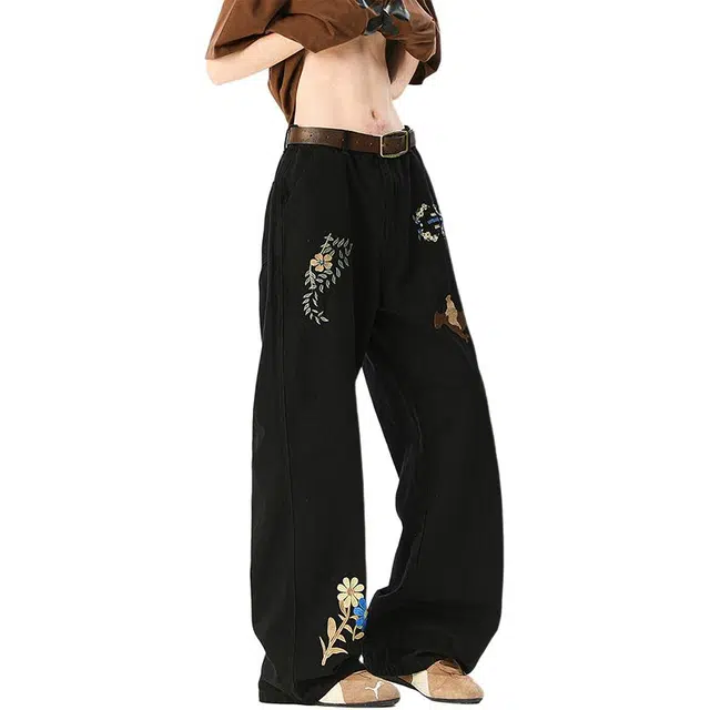 宝米卡 小众设计感卡通花卉刺绣直筒裤美式高街男长裤牛仔裤 男女同款