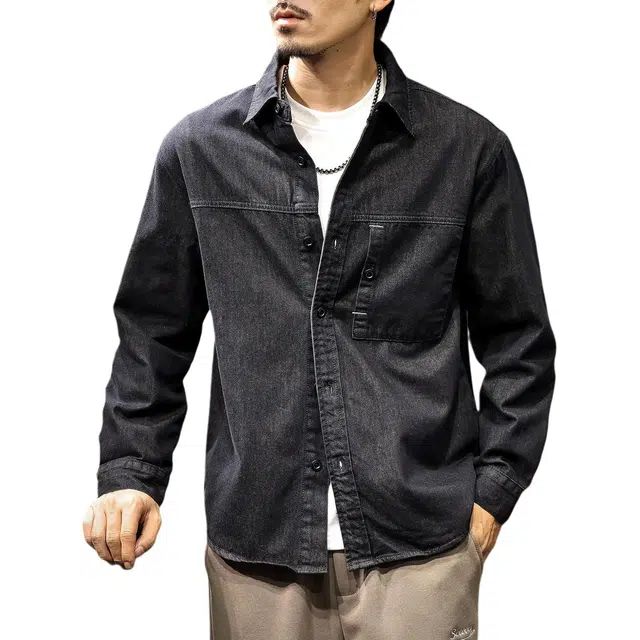 路杰邦 高级简约牛仔长袖男士秋季黑色水洗复古宽松纯棉衬衣外套衬衫 男款