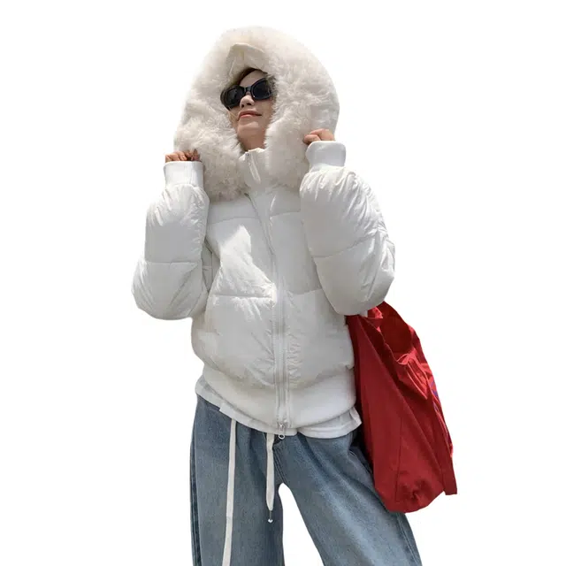 红蜻蜓 复古时尚大毛领连帽保暖棉袄外套面包服冬季小个子短款棉服 女款