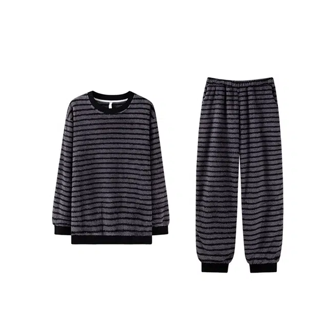 潞优野 时尚休闲可外穿条纹家居服亲肤柔软半边绒珊瑚绒圆领套头睡衣套装 男款