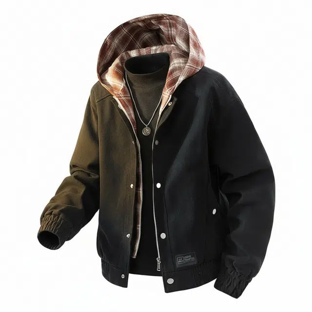 物质公式 美式复古高街巴恩风扎染拼接格纹连帽假两件宽松百搭舒适休闲运动飞行员教练时尚基础款外套潮流嘻哈痞帅短款谷仓夹克 男女同款