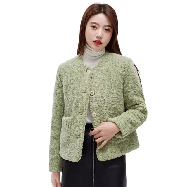 鸭鸭 羊羔绒短款圆领常规长袖直筒通勤风羽绒服 女款