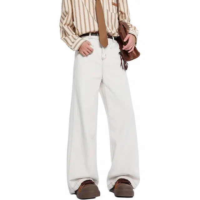 宝米卡 美式复古纯色秋季高街百搭水洗直筒裤子潮牌宽松阔腿长裤牛仔裤 男女同款