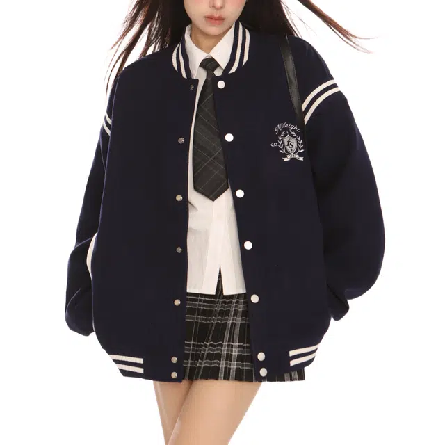 小卷要加油 美式复古撞色立领女秋季学院风宽松情侣夹克外套潮棒球服 女款