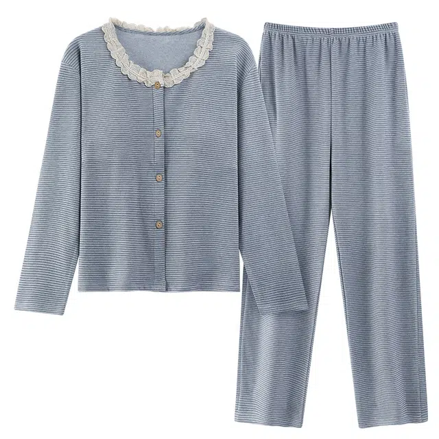 桔内 秋冬季德绒蓄温保暖甜美蕾丝长袖开衫家居服睡衣套装 女款