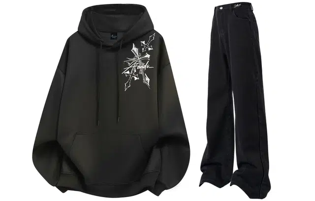 阿凡迪 美式复古街头简约基础创意破碎十字架字母印花宽松舒适百搭时尚潮流通勤连帽长袖卫衣中腰直筒微喇牛仔裤休闲运动套装 男女同款