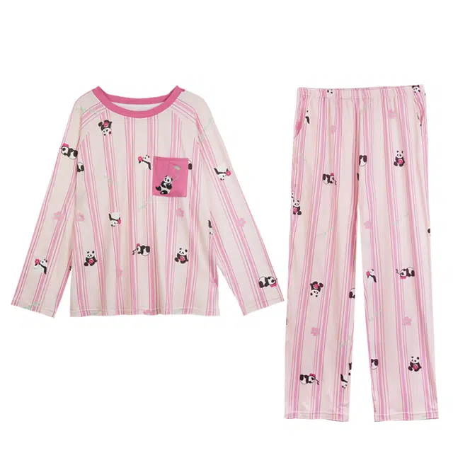 多拉美 牛奶丝可爱风熊猫套装舒适圆领长袖长裤卡通条纹家居服睡衣 女款
