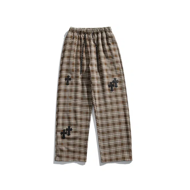 瑞梵帝斯 秋冬美式复古小众氛围感格纹高街系带简约卫裤十字架纹样设计日常宽松阔腿直筒无性别主义显高百搭垂感拖地潮流休闲裤 男款