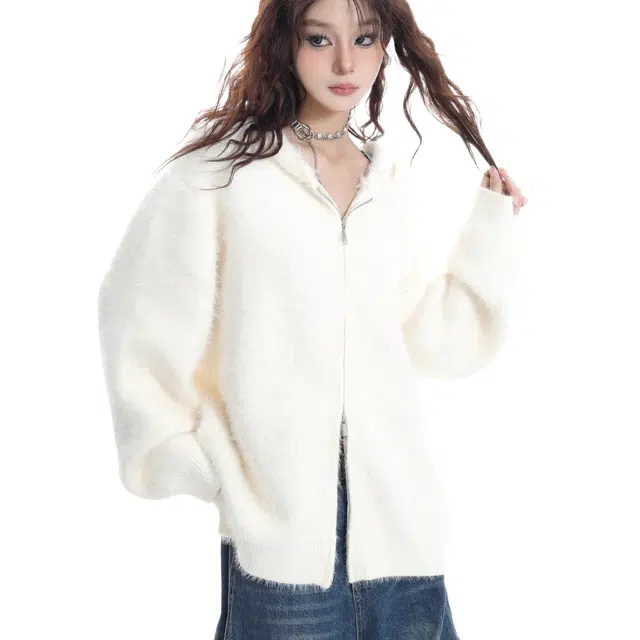 小卷要加油 早秋季白色双拉链连帽水貂绒外套开衫女春秋冬马海毛上衣薄款 针织衫 女款