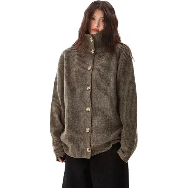寻星记 美式复古高领开衫 纽扣撞色慵懒高级感百搭针织衫 男女同款