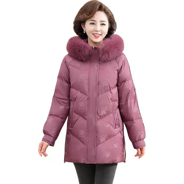雅鹿 精致提花贵气中老年加厚保暖防寒中长款连帽外套羽绒服 女款