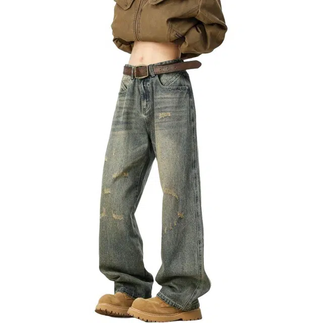 宝米卡 美式高街复古做旧水洗秋潮牌破洞直筒裤宽松阔腿长裤子牛仔裤 男女同款