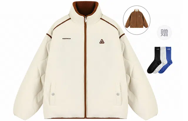 港仔文艺男 美式复古拼接解构加绒内里字母刺绣工艺徽章小标撞色拉链加厚保暖锁温落肩上衣休闲百搭简约潮牌棉服外套 男女同款