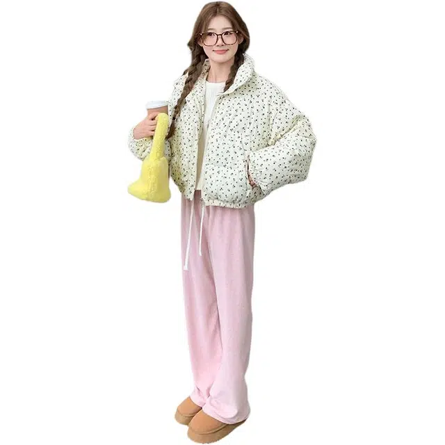 黛尔佳人 韩系田园风小碎花立领小个子保暖棉服 女款