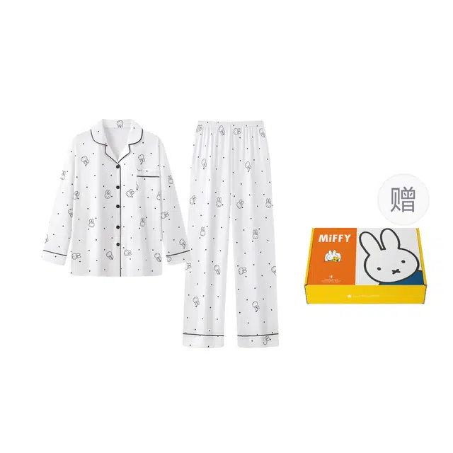 宫蝶 米菲抗菌纯棉长袖卡通家居服宽松休闲开衫可外穿睡衣套装 女款 礼盒装