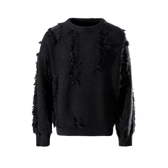 梓润格  美式高街复古风不规则韩式时尚潮流毛衣痞帅随性风格时髦毛边设计感个性圆领宽松舒适日常慵懒风无性别主义针织衫 男女同款