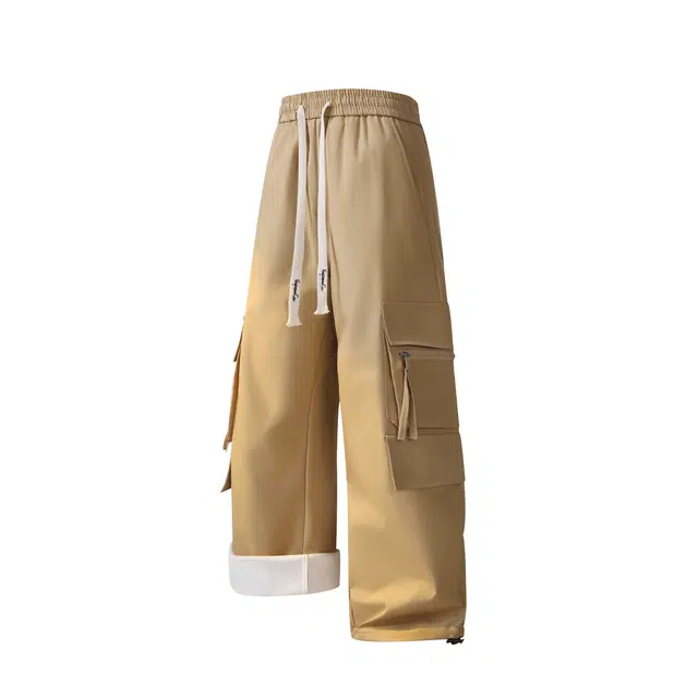 吾皇猫 日系简约基础款多口袋设计复古潮牌户外机能伞兵工装裤加绒加厚保暖舒适宽松直筒阔腿垂感拖地休闲裤 男女同款