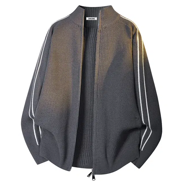 八哥 美式复古高街基础款纯色条纹拼接撞色舒适休闲百搭宽松设计感经典亲肤柔软立领慵懒开衫针织衫 男女同款