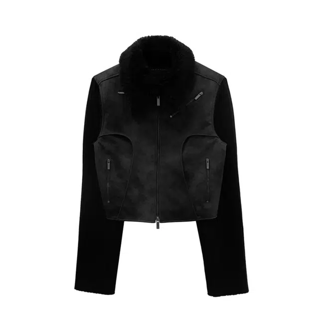 TREEMINGBIRD 2-way Collar Knit Sleeve Crack Leather Jacket