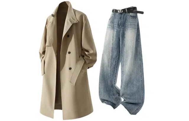 梓润格 秋季长款风衣英伦风拼色立领两穿外套美式复古蓝拖地牛仔裤高街宽松阔腿直筒设计感弯刀裤休闲运动套装 男女同款