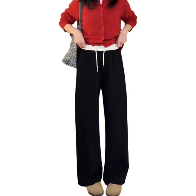 小卷要加油 秋季撞色腰头抽绳显瘦黑色百搭时尚舒适洋气镰刀裤女休闲裤 女款