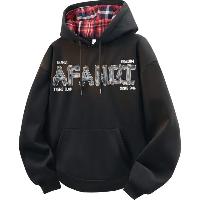 阿凡迪 美式复古街头简约基础格纹拼接设计仿牛仔布个性创意字母潮牌印花宽松舒适休闲百搭时尚潮流通勤抽绳长袖连帽卫衣 男女同款