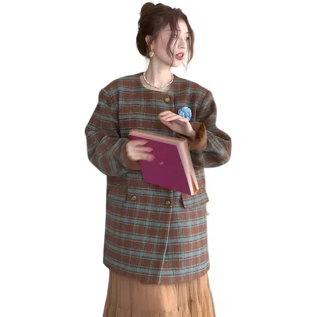 纤丝鸟 小香风格子大衣圆领法式复古韩系气质截短外套 女款