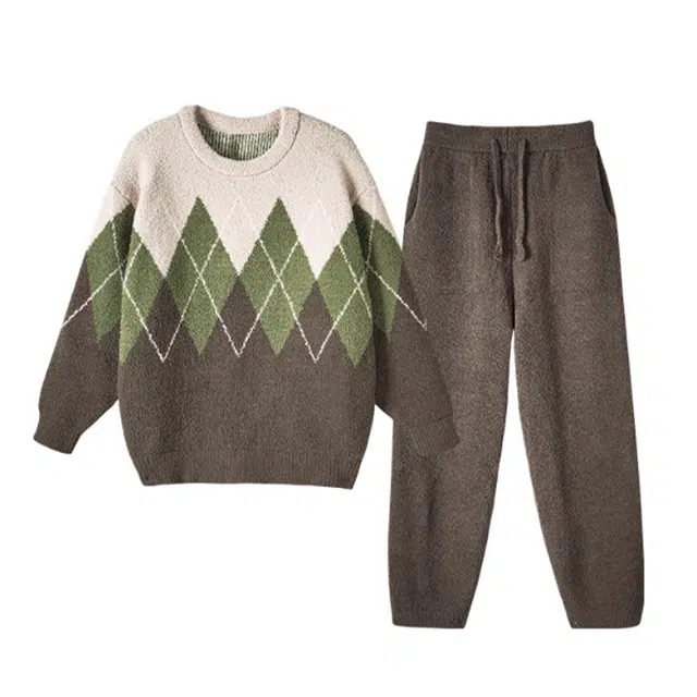 潞优野 慵懒外穿菱形格纹珊瑚绒加厚加绒家居服半边绒 睡衣套装 男款