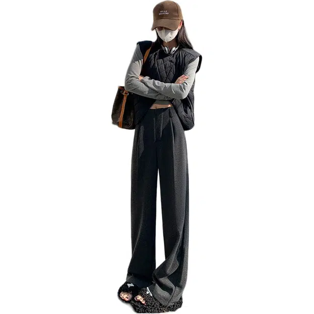 思蓓儿 窄版阔腿裤女加绒垂感高级西装裤直筒糯米裤休闲裤 女款