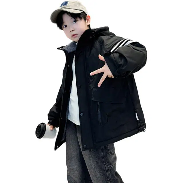 黑恐龙棉衣 男童加绒加厚夹棉连帽派克服