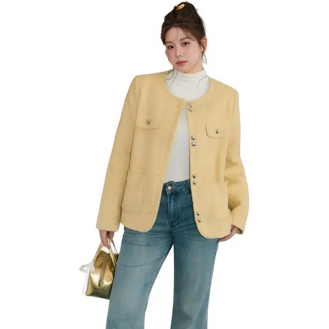 纤丝鸟 设计感显瘦法式圆领上衣小香风气质长袖截短外套 女款