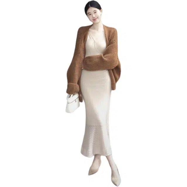 黛尔佳人 温柔系气质洋气宽松长袖外套两件套简约连衣裙裙装套装 女款