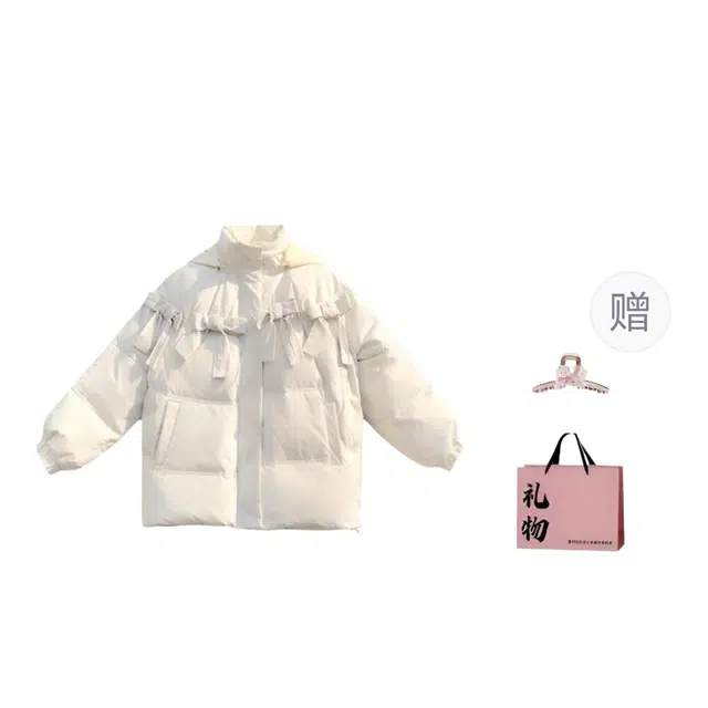 柏黛妃 韩版可爱学院风蝴蝶结连帽复古宽松小个子甜美设计感加厚保暖面包服外套棉服 女款