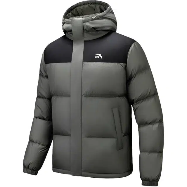 超级安踏 连帽休闲运动拉链拼色宽松羽绒服 男款