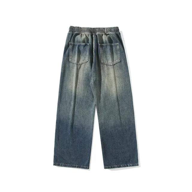 【dme】 潮牌高街美式复古做旧水洗宽松直筒裤休闲百搭中性松紧长裤时尚牛仔裤 男女同款