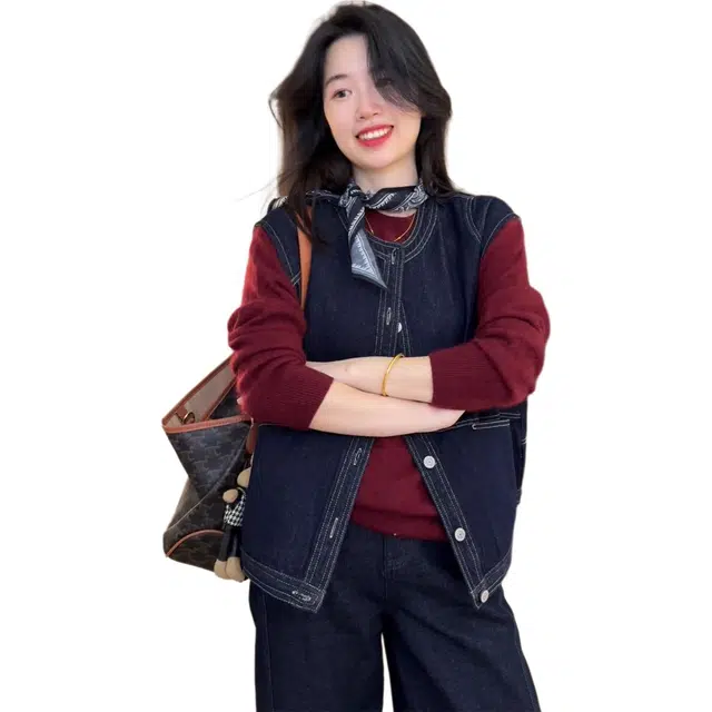 小卷要加油 春秋廓形小众设计感圆领牛仔无袖外套质感上衣马甲 女款