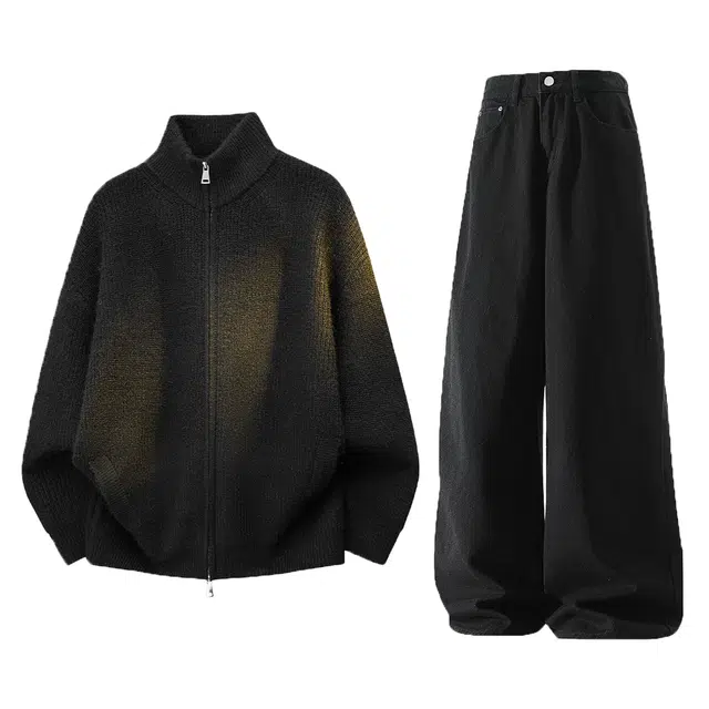 梓润格 美式潮流韩系纯色简约高级感宽松半高领开衫毛衣潮牌针织衫日常随性无性别主义百搭基础款水洗阔腿直筒裤休闲运动套装 男女同款