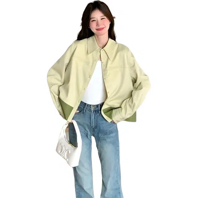 纤丝鸟 撞色拼接小清新翻领休闲设计感上衣截短外套 女款