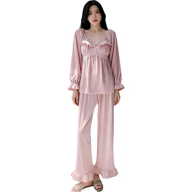 潞优野 轻奢高端品质洋气独特别致性感女加绒防凸点带胸垫长袖长裤高级感睡衣套装 女款