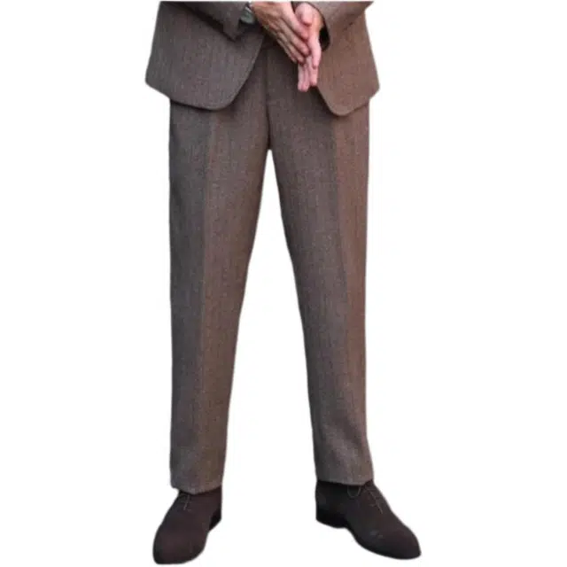 大格子与黑猫 英伦复古羊毛粗花呢人字纹高腰长裤咖啡色微厚款雅痞结婚修身西裤西装裤 男款