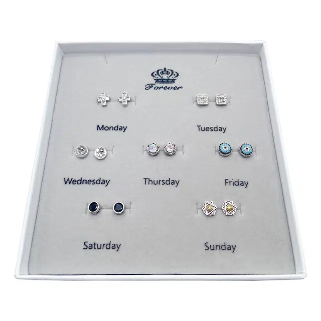 耳玺 美式复古高街风一周耳饰礼盒时尚百搭日常通勤街头嘻哈设计高级感#好运 白水晶 耳钉 男女同款情侣款