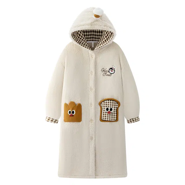 宫蝶 小企鹅软乎乎珊瑚绒卡通睡衣家居服保暖中长款加厚连帽御寒冬季睡袍 女款