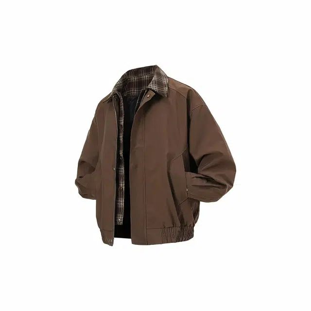 虫小绿 美式复古高级感小众设计感格子假两件外套上衣拼接翻领春秋季高街风高质感时髦舒适休闲宽松飞行员夹克 男女同款