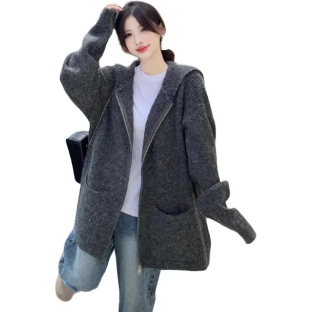 水中花 韩系拉链连帽外套厚秋冬慵懒高级感宽松软糯中长款开衫针织衫 女款