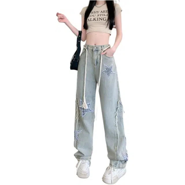 荟萃阁 美式高街复古直筒裤宽松高腰显瘦阔腿牛仔裤 女款