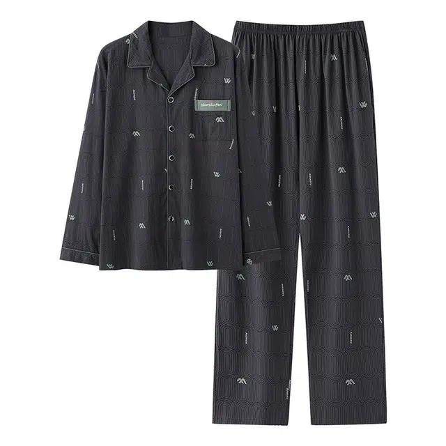 莫代尔 可外穿休闲简约舒适经典翻领开衫柔软亲肤个性细腻长袖长裤家居服睡衣套装 男款